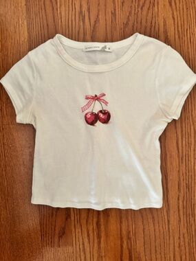 Altar'd State White Crop Top with Red Cherry Graphic